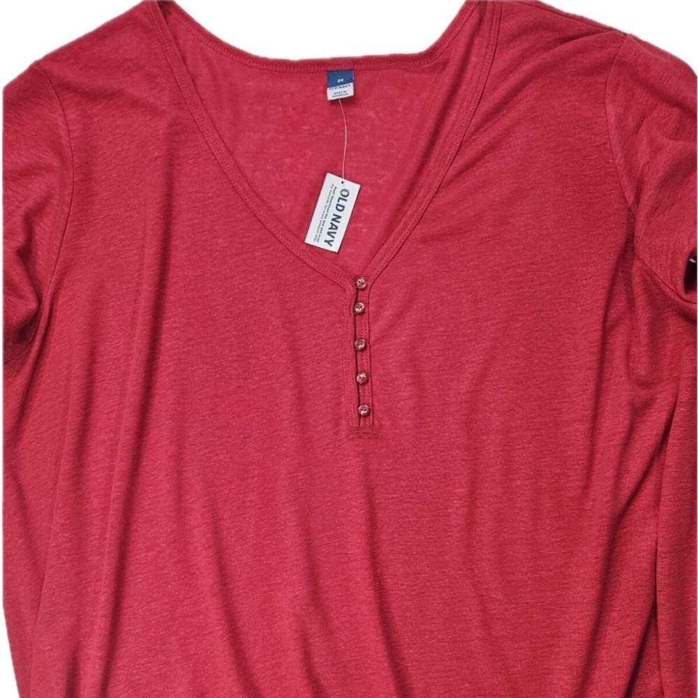 Old Navy Shirt Womens‎ 2X Red Short Sleeve V Neck Henley Linen Blend Lightweight